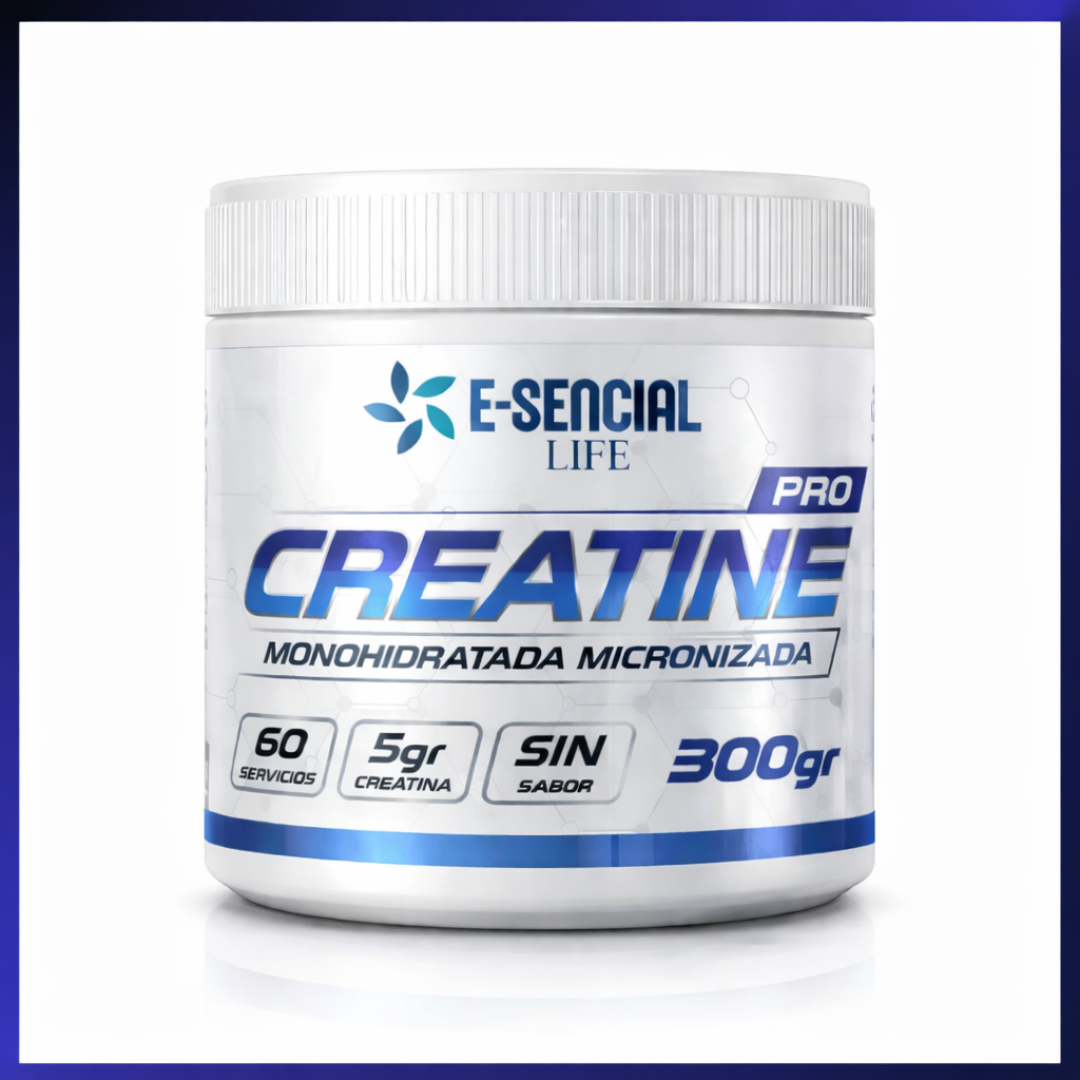 Tarro de Creatina Pro E-Sencial Life, creatina monohidratada micronizada, 300 g, 60 servicios, sin sabor