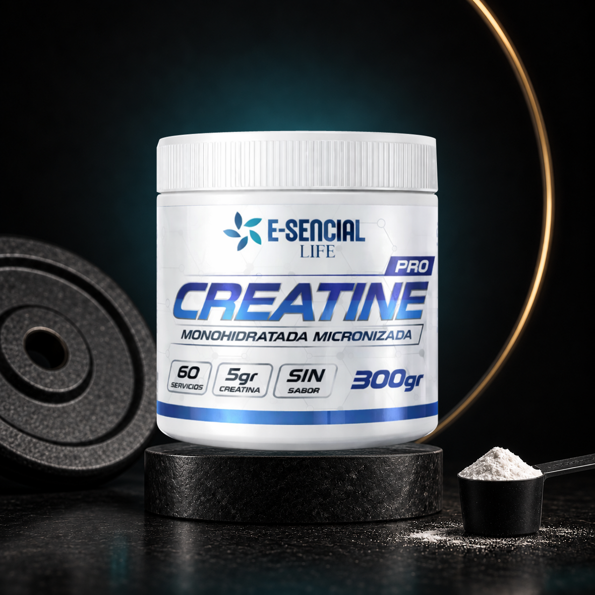 Creatina Pro E-Sencial Life 300 g, 60 servicios, sin sabor, sobre podio con pesa y scoop