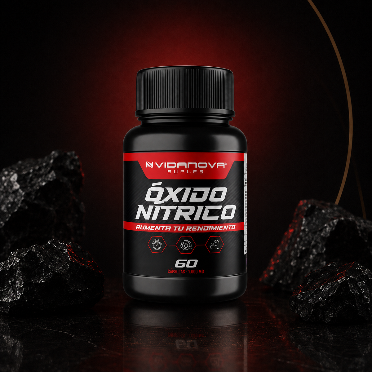 Óxido Nítrico de AuraKatei con carbón mineral sobre fondo premium negro y rojo